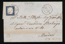 1862 STORIA POSTALE REGNO C 20 INDACO B.F. A SX BRA 15/9 MONDOVI'  F/4364