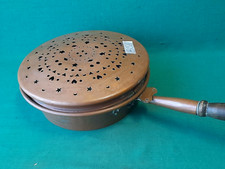 ANTICO GRANDE SCALDALETTO BRACIERE PORTA BRACE IN RAME E LEGNO ANNI '50. BJ6