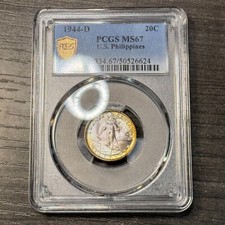 MS67 1944-D US Filippine Argento 20 Centavos, PCGS - Lucentezza e Tonalità (POP 9/1)