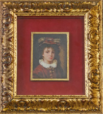 Quadro Dipinto Ritratto in Miniatura Fanciulla Olio su Tavoletta Cornice Dorata