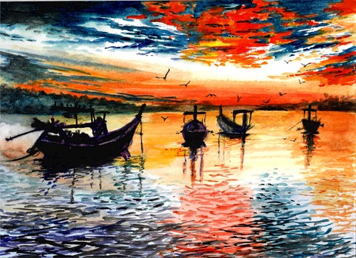Barche pesca tramonto - barche, al