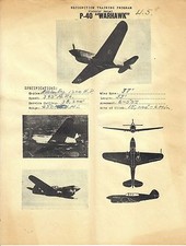 Foglio/Scheda addestramento piloti seconda guerra mondiale P-40 WARHAWK