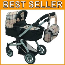 Foldable Doll Stroller Adjustable Handle - Beige Plaid