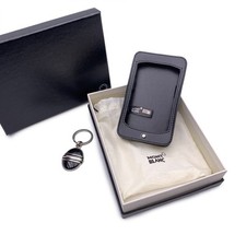 Autentico set accessori Montblanc portachiavi in acciaio inox custodia in pelle nera