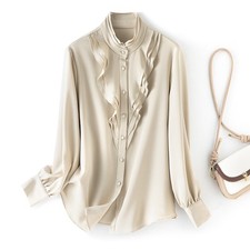 Camicia donna 93% seta slim con volant seta gelso maniche lunghe bluse ufficio