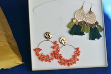 Set 2 grandi orecchini etnici boho estivi colori vivaci verde arancione 