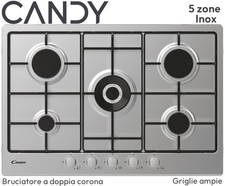 PIANO COTTURA INCASSO INOX 5 FUOCHI COM. FRONT. 75 CM ACCENSIONE CANDY CHW74WX.