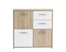 Comò con 3 ante e 2 cassetti FIANNA, in legno laminato quercia sonoma/bianco.