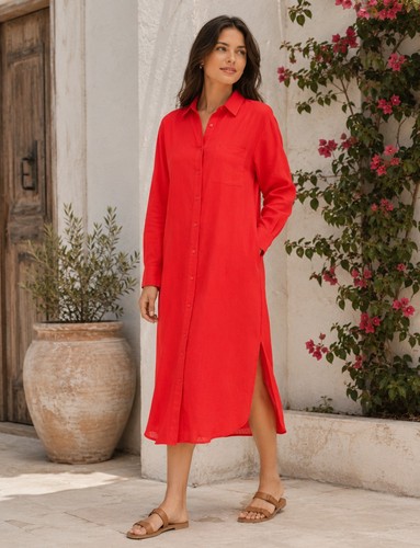 Abito camicia midi lino rosso - abito,