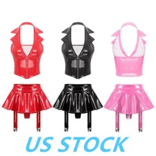 Lingerie donna pelle PU set 2 pezzi canotta reggicalze con minigonna abiti