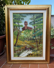 ROMANO MUSSOLINI (1927-2006) - DIPINTO OLIO SU TELA - CASTELLO NEL BOSCO E CARRO