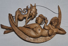 Intaglio legno arte dio del vino dea del vino e diavolo assolutamente raro vintage firmato