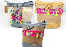 Borsa a tracolla stile Ibiza donna borsetta tela nappe 3 design