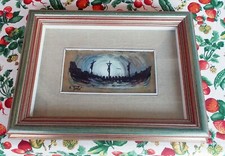 Quadro olio su argento ANTONIO BERTE' Golgota Calvario Gesù Crocifissione 21x11