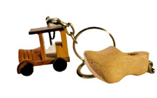 Vintage Set of 2 Hand Carved Key Rings, Wood Jalopy and Dutch Clog 1.25''
