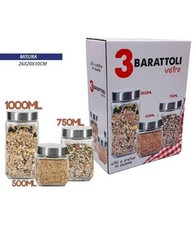Set 3 Tris Barattoli Vetro Con Coperchio Metallo Contenitori Pasta Biscotti