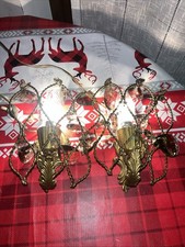 Coppia Di Applique In Ottone -stile Antico Adornate Con Cristalli Pendenti