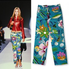 Gucci Tom Ford SS 1999 Runway Acid Flower green Tropical Print Cotton Pants 38XS
