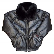 Giubbotto uomo V bomber trapuntato puffer nero vera pelle invernale collo...