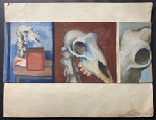 Quadro a Olio Trittico Teschio Animali Gregor 1972 DDR Arte 15,8 X 39 CM Lipsia