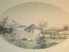 J. de SAINT LOUP (XIX) DISEGNO ACQUERELLO PAESAGGIO ANIMATO OVALE CASA...