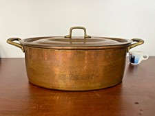 CASSERUOLA PENTOLA  IN RAME STAGNATO  COPERCHIO MANICI  OTTONE CM 34X25 X12,5