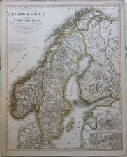 Antica mappa Svezia Stoccolma Norvegia isole Lofoten Finlandia Lapponia  1857