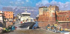 Dipinto Olio Tavola Livorno Porto Pescherecci Giacomo Vaccaro cm 80 x 40