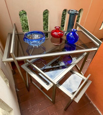 set di 3 tavolini da fumo in acciaio satinato e vetro fumè anni 60/70