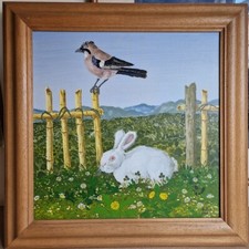 Enzo BELLINI, Acrilico su tela 2001,  cm. 45x45 "Coniglio bianco con ghiandaia"