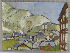 QUADRO VEDUTA DI UN VILLAGGIO ALPINO MONTAGNE PIEMONTE DIPINTO AD OLIO TAVOLA B4