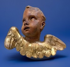 ? Antico Putto  barocco legno intagliato parzialmente dorato XVIII secolo