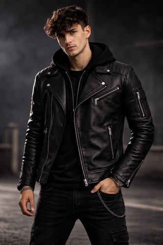Giacca biker uomo pelle - , nera