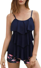 Costumi Da Bagno Donna Due Pezzi Tankini Regolabile Senza Maniche Blu Fenicotter