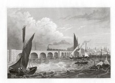 VIADOTTO FERROVIA SU LAGUNA VENEZIA, incisione su rame +passepartout, 1856