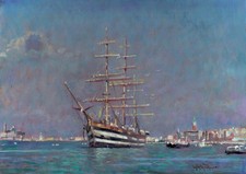 Amerigo Vespucci Vascello Venezia  Dipinto Olio Giacomo Vaccaro cm 35 x 26