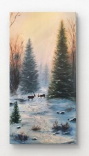 Quadro Cervi nel bosco al tramonto, paesaggio invernale con animali selvatici