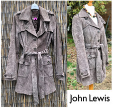 Trench coat vintage John Lewis vera pelle scamosciata MARRONE MOKA, con cravatta, UK 14 (veste 12)
