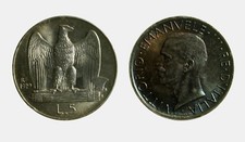 227) Vittorio Emanuele III  (1901-1943) 5 Lire Aquilino 1929  ** TONED