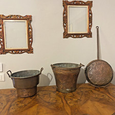 Lotto Antico Rame Rurale 3 Pezzi Secchi Padella