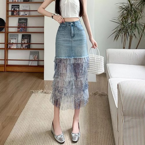 Gonna lunga blu denim - denim, con
