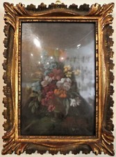 Quadro di fiori, cornice intagliata, olio su rame.