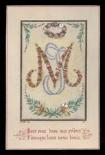 antico santino cromo-holy card MOMOGRAMMA DI MARIA fiori madreperla dip. a mano