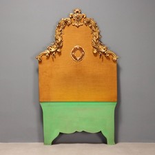 Antica Testata Letto Legno Dorato Intagli Floreali Tessuto Italia XIX Secolo