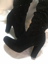 Stivale Da Donna  N.38 Nero In Vera Pelle Di Camoscio Con Strass