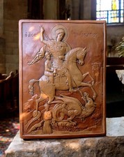 SAN GIORGIO DRAGO TERRACOTTA PATINATA DA APPENDERE O MURARE 23x17 cm gelo ok