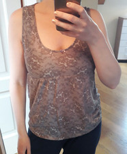 BENETTON top smanicato grigio talpa stampa pizzo jersey canotta canottiera donna