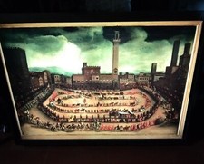 GRANDE RARO QUADRO LUMINOSO VINTAGE PALIO DI SIENA CORNICE RAME ITALIA ANNI 60 