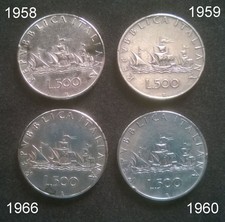 Lotto di 4 monete da 500 Lire Argento CARAVELLE - 1958/1959/1960/1966 circolate