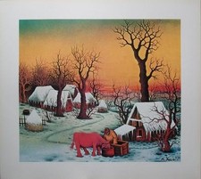 ARTE NAIF CROATA HLEBINE fotolito artistica Bue all'abbeveratoio Mijo Kovacic